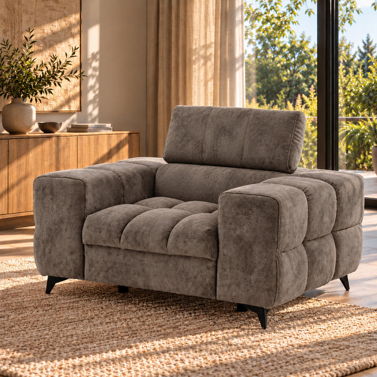 SESSEL PUDDING mit verstellbare Kopfstütze Velours Braun - Schwarz/Braun, Holz/Textil (140/93/100cm) - Muffo