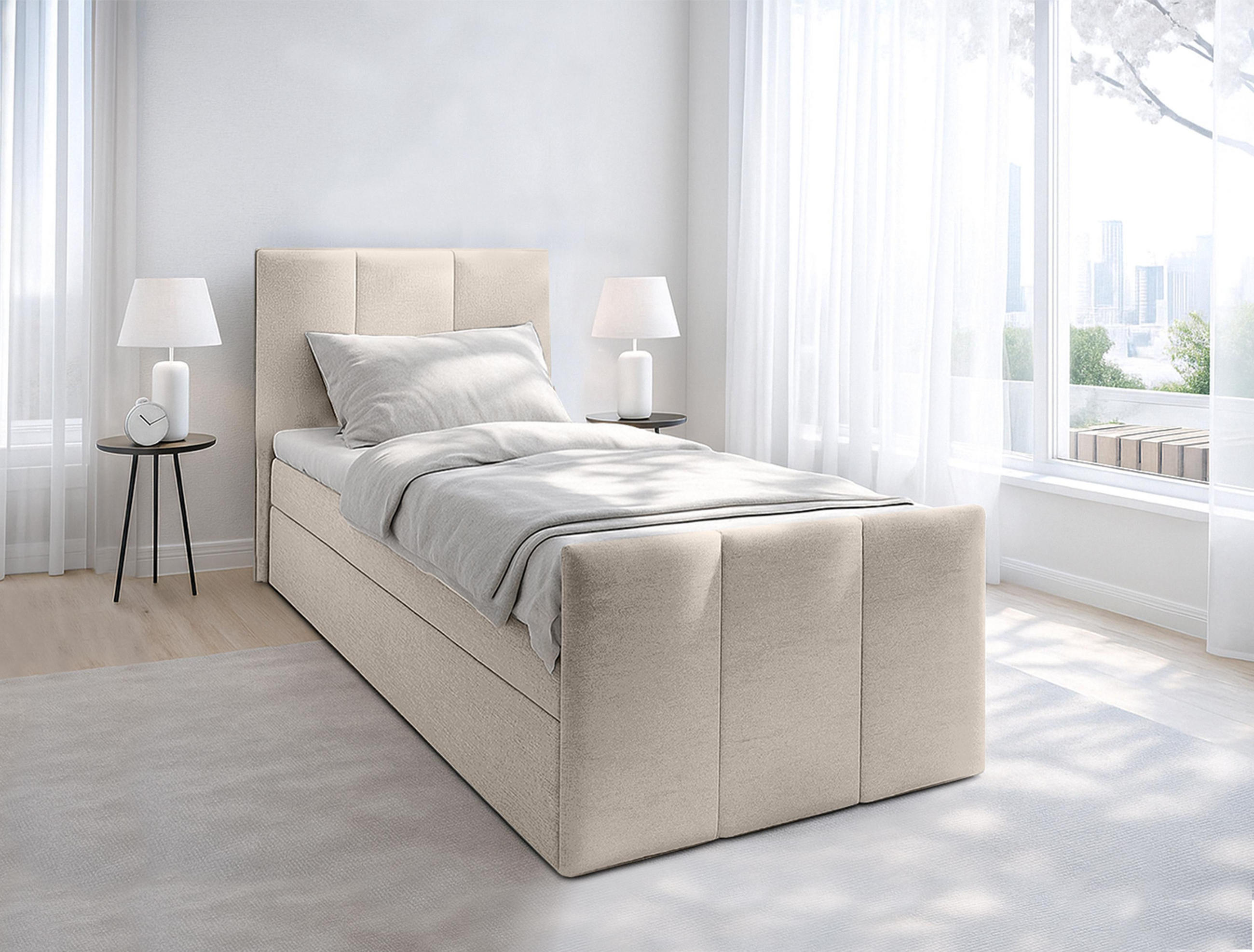 BOXBETT LEVENTE 100x200 cm mit Bettkasten und Matratze - Beige - Beige/Schwarz, Holz/Holzwerkstoff (100/200cm) - AX Living