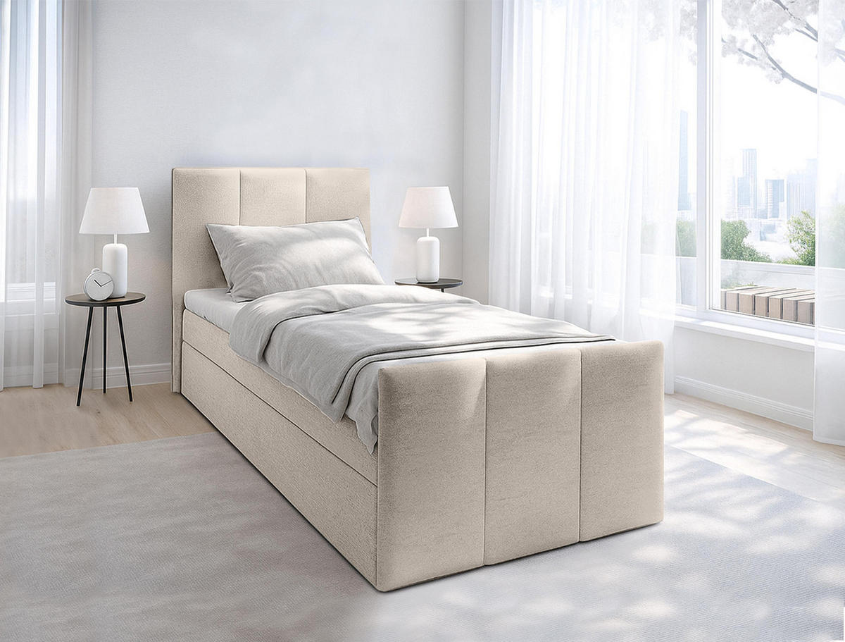BOXBETT LEVENTE 100x200 cm mit Bettkasten und Matratze - Beige - Beige/Schwarz, Holz/Holzwerkstoff (100/200cm) - AX Living