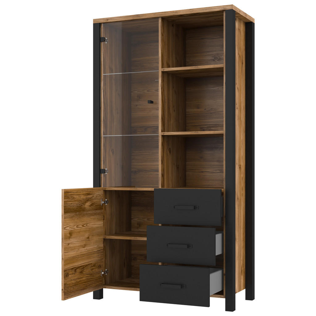 Thumbnail - Masseno Vitrine, Braun, Holzwerkstoff, 3 Schubladen, 101x191x43 cm, Wohnzimmer, Wohnwände, Vitrinenschränke