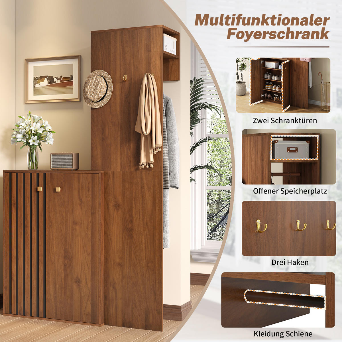 GARDEROBE 115/38,5/191,5 cm Nussbaum aus MDF mit Schuhschrank - Walnussfarben, Holzwerkstoff (115/191.5/38.5cm) - OKWISH