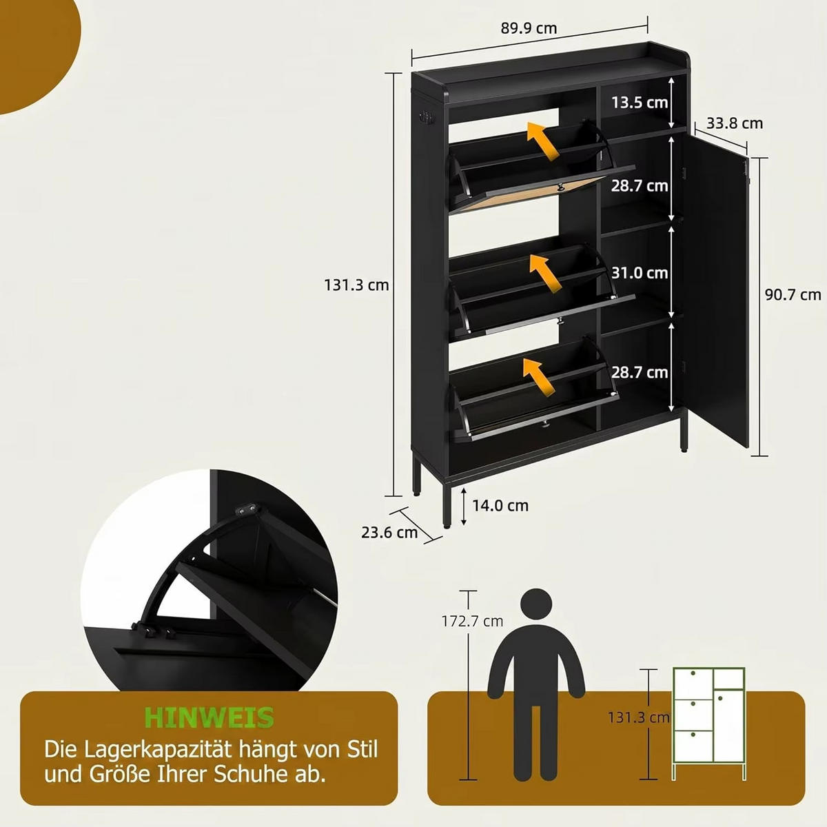 SCHUHSCHRANK Holzoptik mit 3 Klappen - Schwarz, Holz (89.9/131/23.6cm) - Kaket