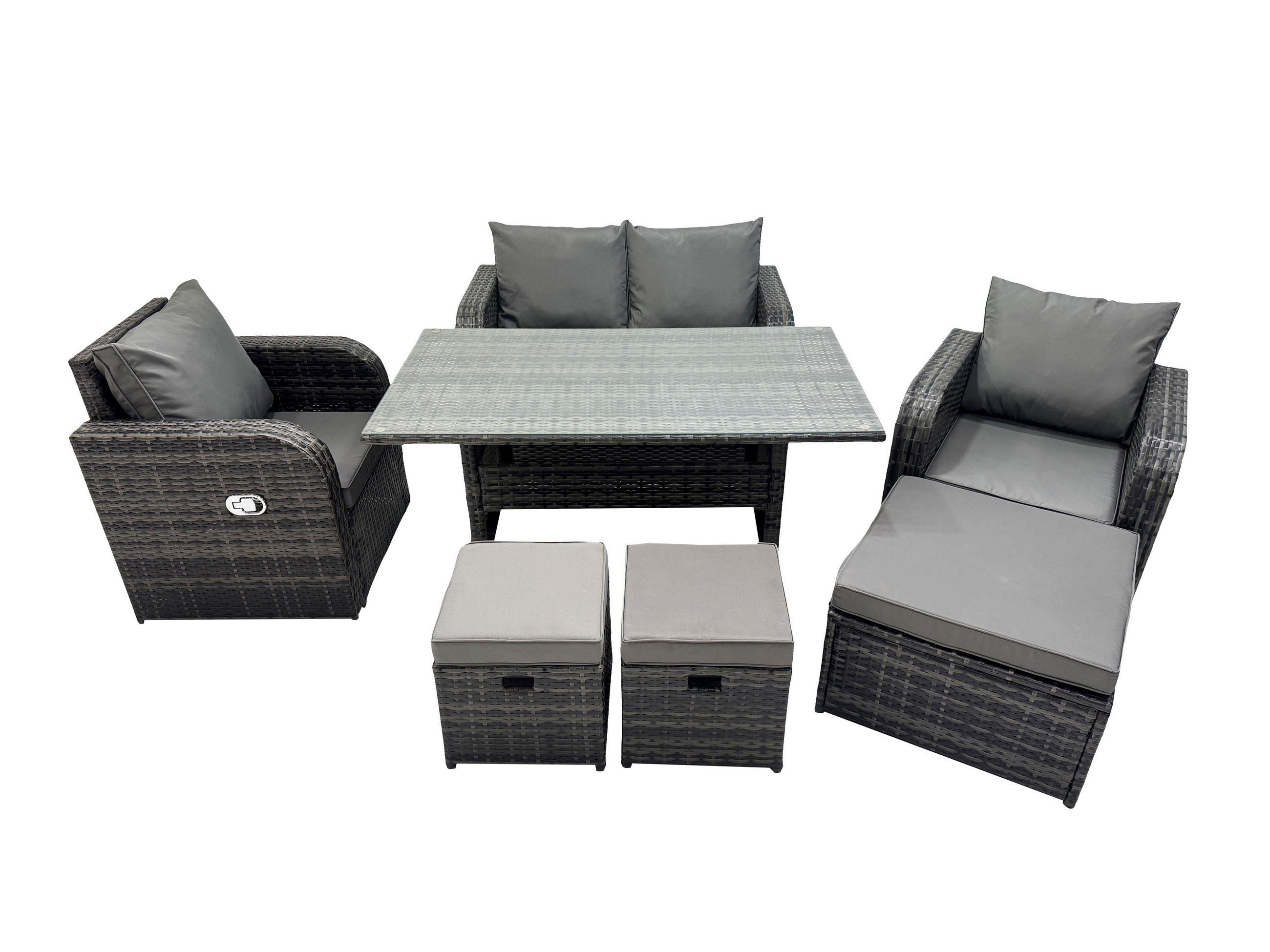 GARTENMÖBEL SET mit Hocker,Zweisitzer Polyrattan 7-Sitzer - Dunkelgrau/Grau, Glas/Kunststoff - Fimous