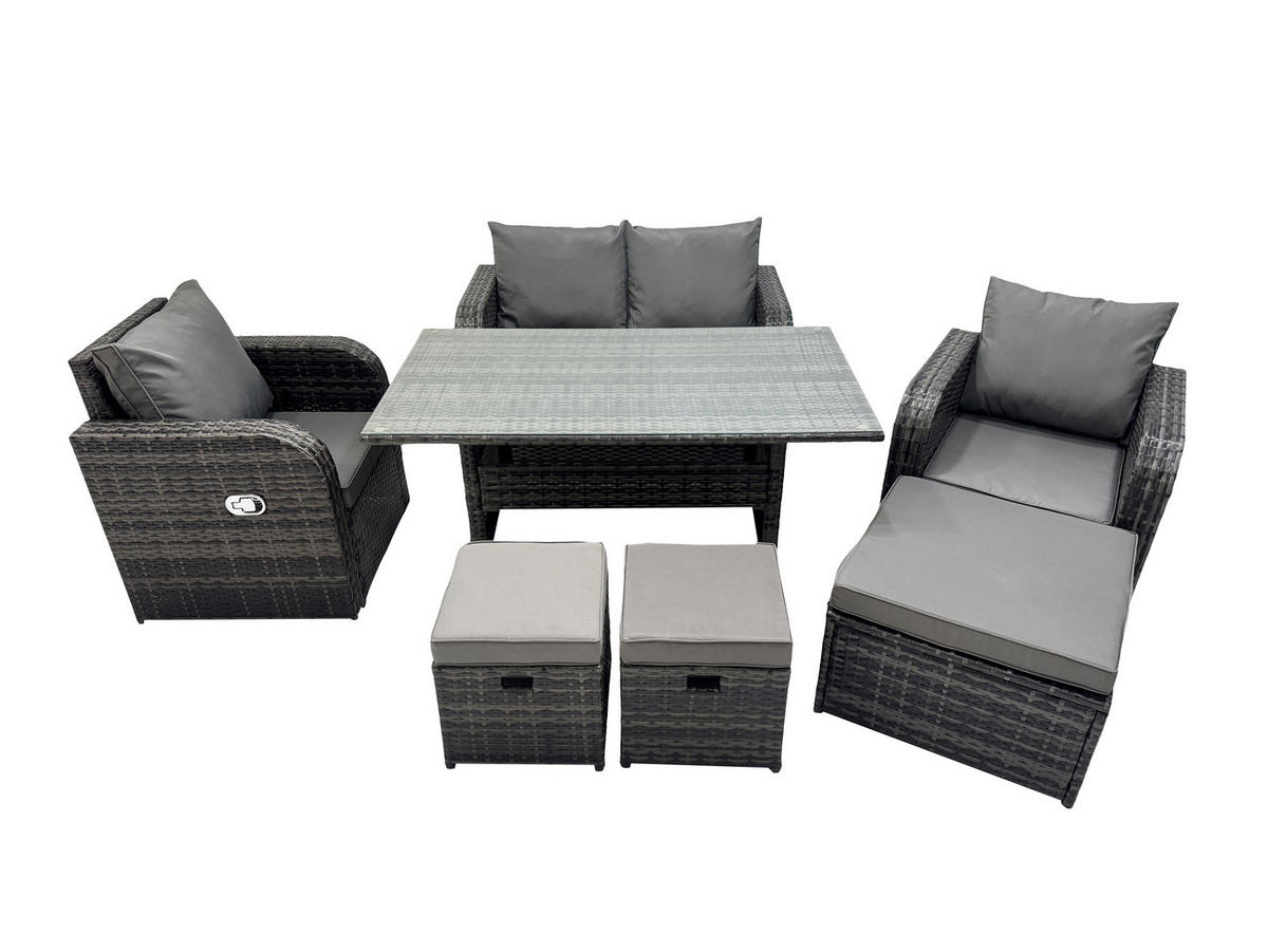 GARTENMÖBEL SET mit Hocker,Zweisitzer Polyrattan 7-Sitzer - Dunkelgrau/Grau, Glas/Kunststoff - Fimous