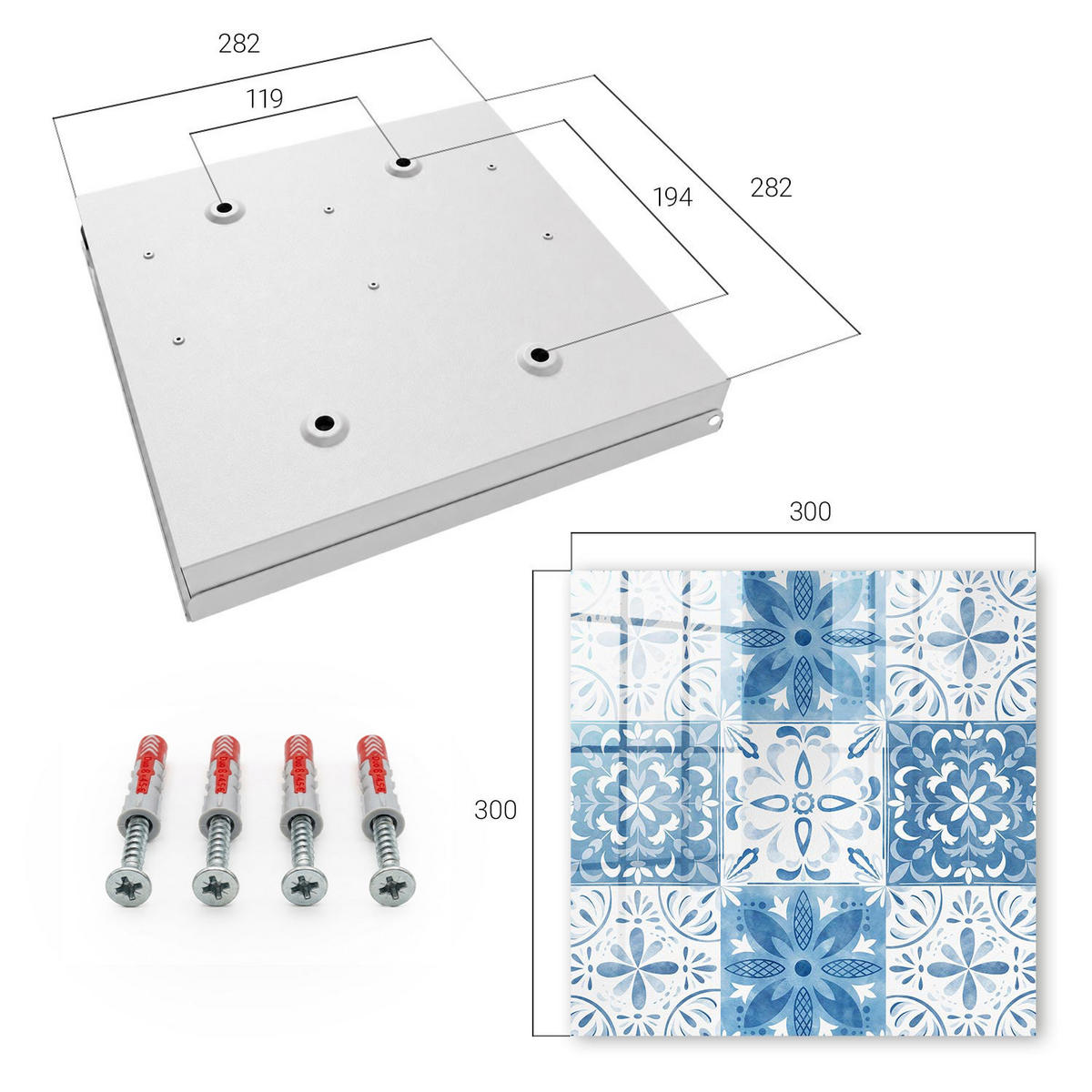 SCHLÜSSELBOX Weiß 30x30 cm – Türöffnung nach rechts - Geometrische Fliesen - Blau, Metall (30/30/5cm) - TULUP