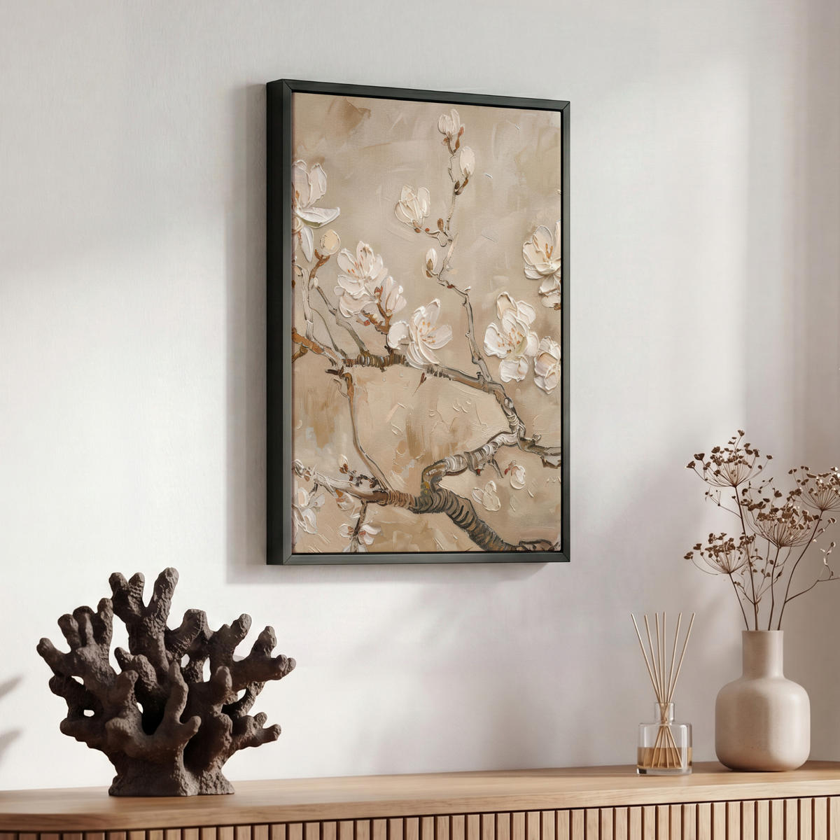 LEINWAND Bilder mit Rahmen - Blumen - Modern - Beige - Weiß - Blüte - 30x40 - Beige, Textil (30/40cm) - MuchoWow
