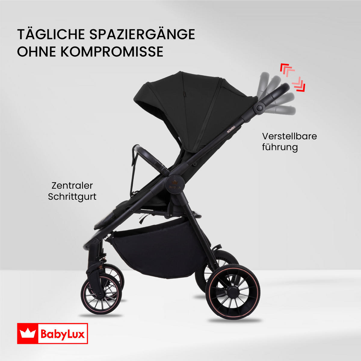BUGGY Rombo, Klein und Leicht, Teleskopische Führung, Kompakt Faltbar, Wickeltasche, Reisetasche - Schwarz, Textil/Metall (58/98cm) - BabyLux