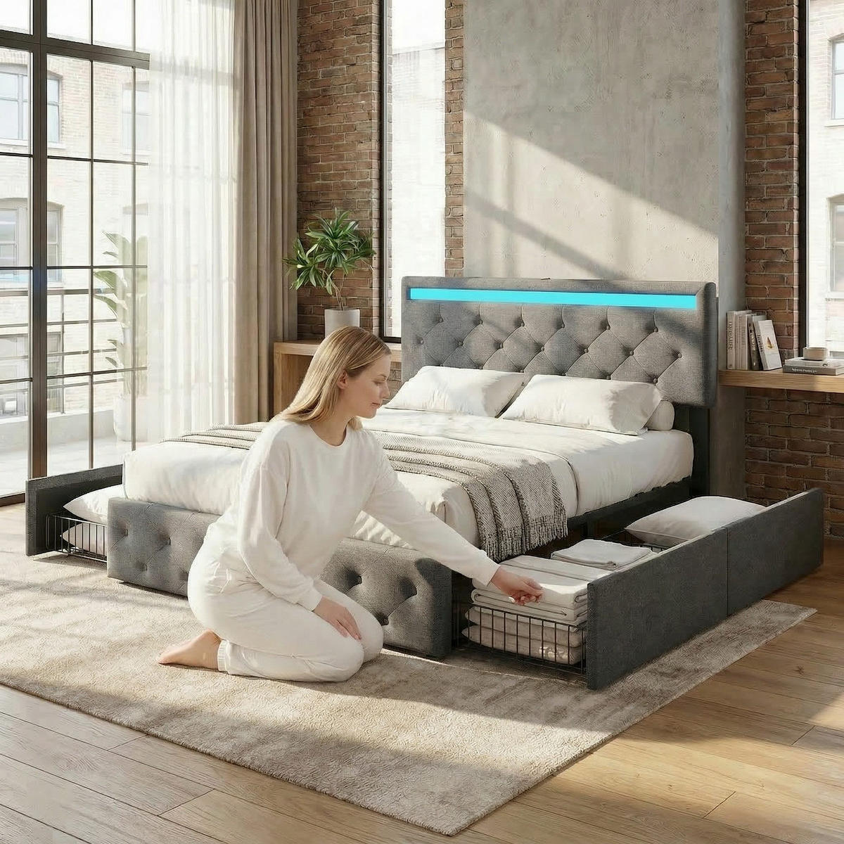 DOPPELBETT 180X200CM LEINEN GRAU LED 4 SCHUBLADEN - Grau, Holzwerkstoff - SHOPENTRA