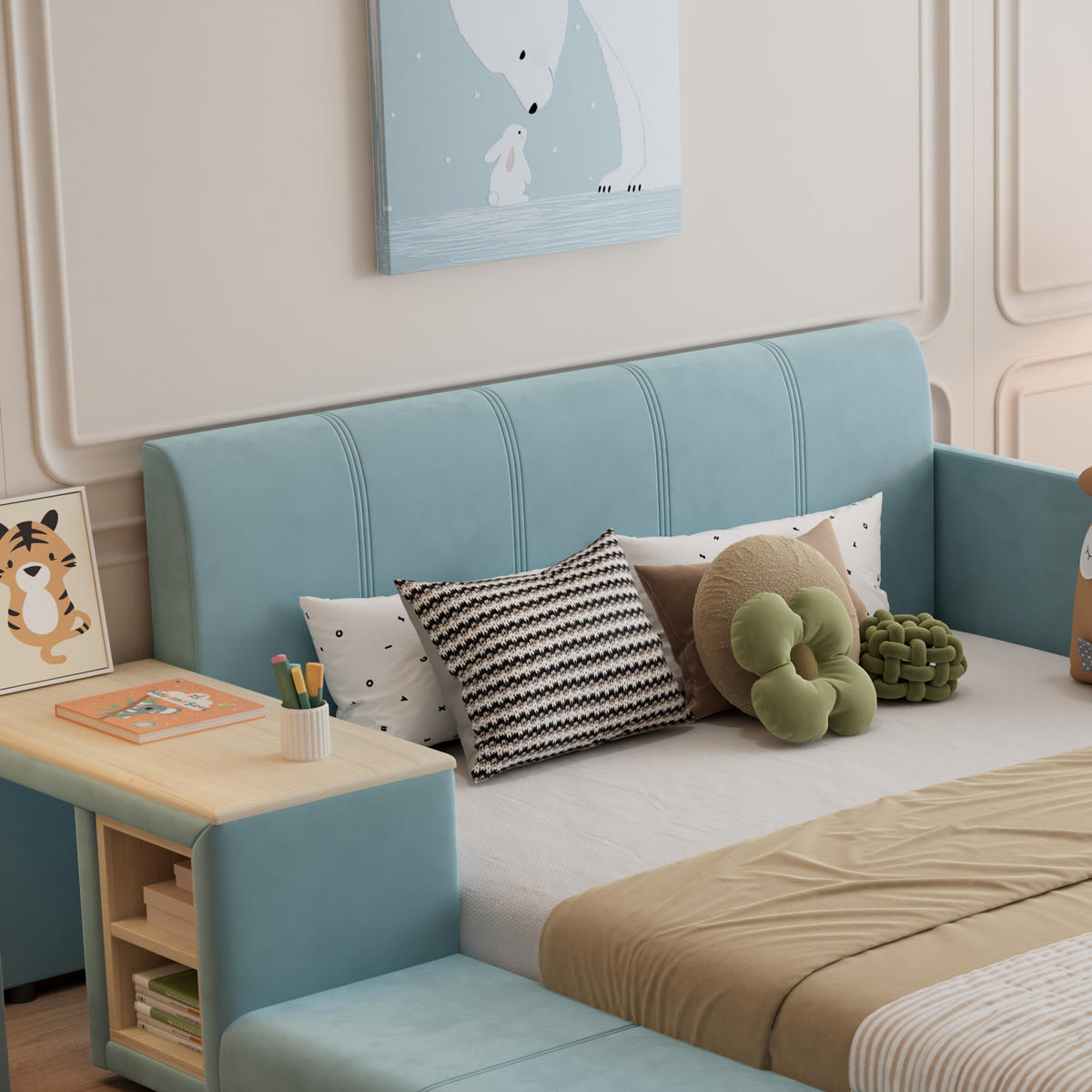 KINDERBETT 140/200 cm in Blau & Natur Samt mit Schreibtisch, Hocker und Ablage - Blau, Holzwerkstoff/Textil (140/200cm) - WISHDOR