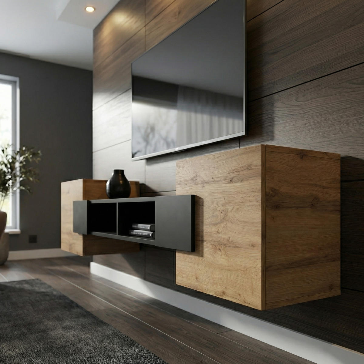 LOWBOARD TV TORINO Hängend + Stehend, Mattes Finish, Schwarz + Eiche Wotan - Eiche Wotan/Schwarz, Holzwerkstoff/Kunststoff (181/40/35cm) - Komodee