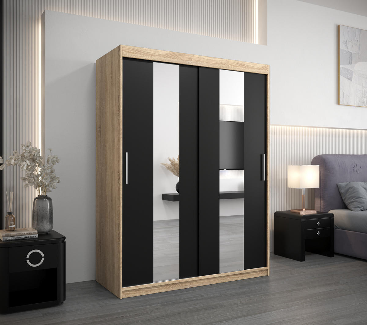 SCHWEBETÜRENSCHRANK 200/150/62 2-türig - Silberfarben/Schwarz, Holz/Kunststoff (150/200/62cm) - Abiks Möbel