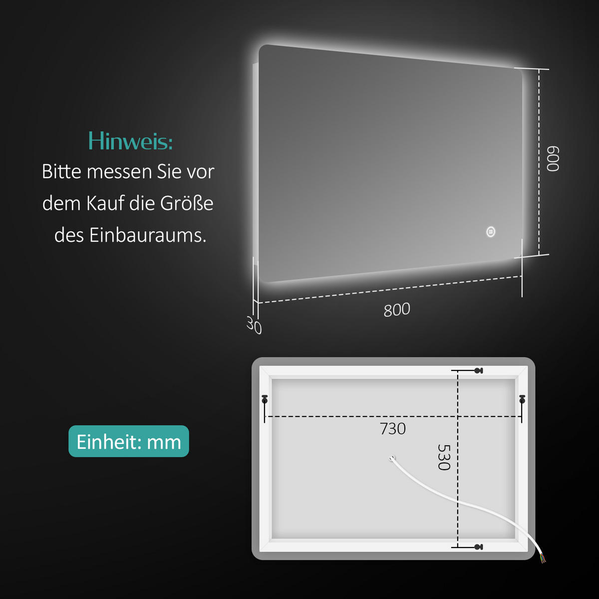 BADSPIEGEL mit Anti-Beschlag Beleuchtung Rechteckig 80/60 cm - Weiß, Glas (60/3/80cm) - EMKE