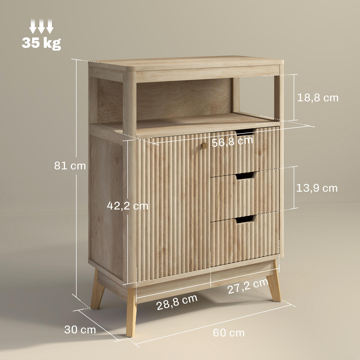 SIDEBOARD DE-11146 Mit offenem Fach & verstellbarem Boden Naturholz - Naturfarben, Holzwerkstoff (60/81/30cm) - ComfortXL