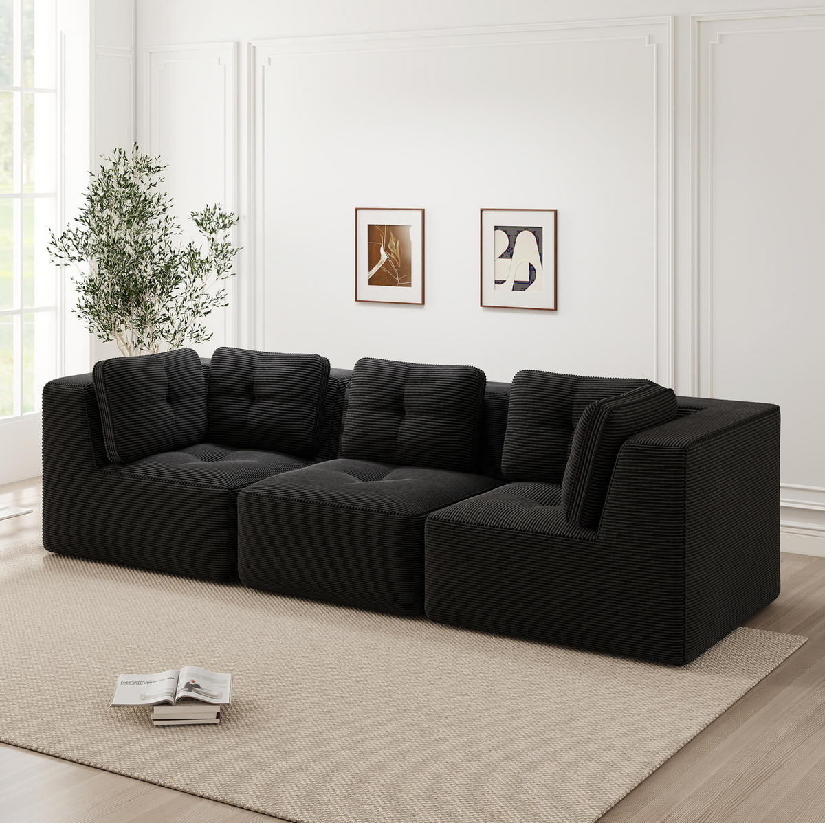 ECKSOFA 297/104/69 cm schwarz aus Cord mit modularem Design und ohne Montage - Schwarz, Textil (104/297cm) - OKWISH