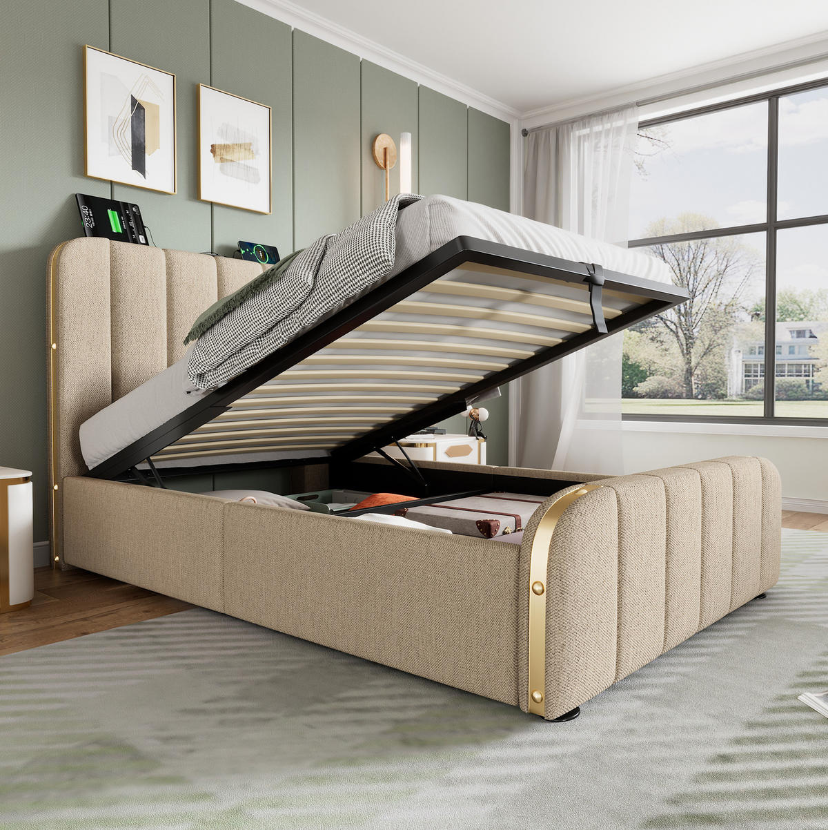BETT mit Stauraum und USB/Typ-C 90x200 cm Leinen Beige - Beige, Metall (90/200cm) - Meubliv