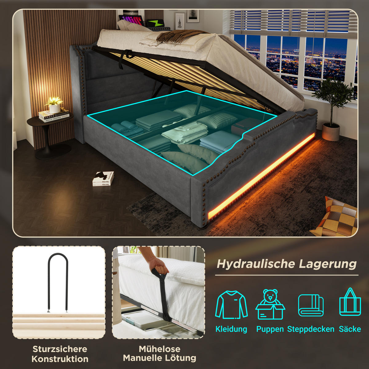 POLSTERBETT 140/200 cm mit Matratze, hydraulischem Stauraum, LED und USB-C-Anschluss, Samt, Grau - Grau, Textil (140/200cm) - Redom