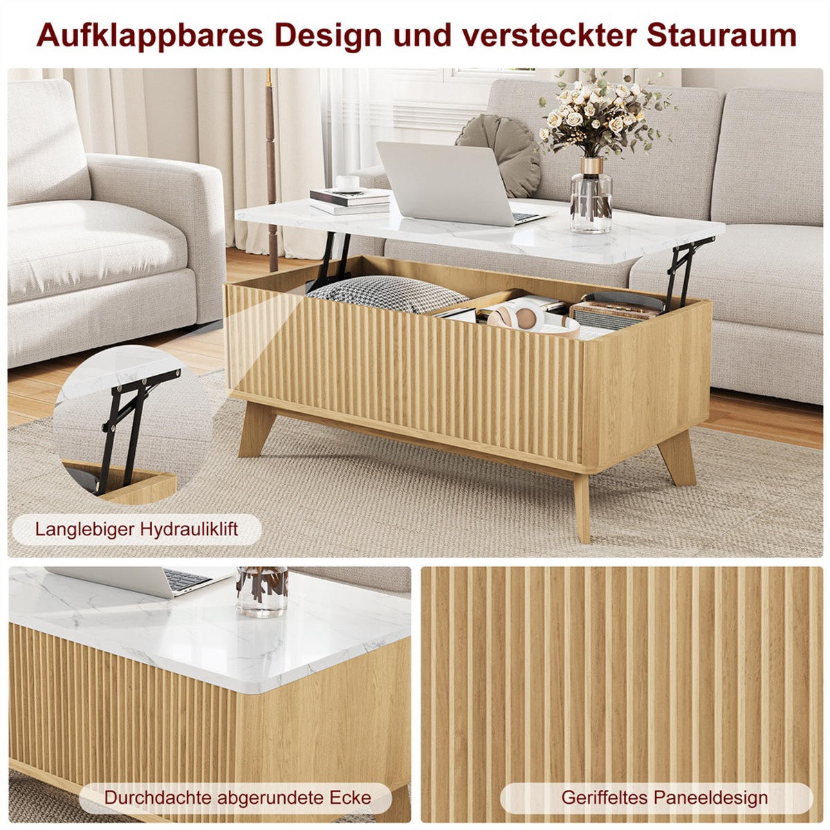 COUCHTISCH in weißer Marmoroptik - Rechteckiger Couchtisch mit Lift-Funktion Stauraum und Holzbeinen - Eichefarben, Holzwerkstoff (53/105/42cm) - DELFA