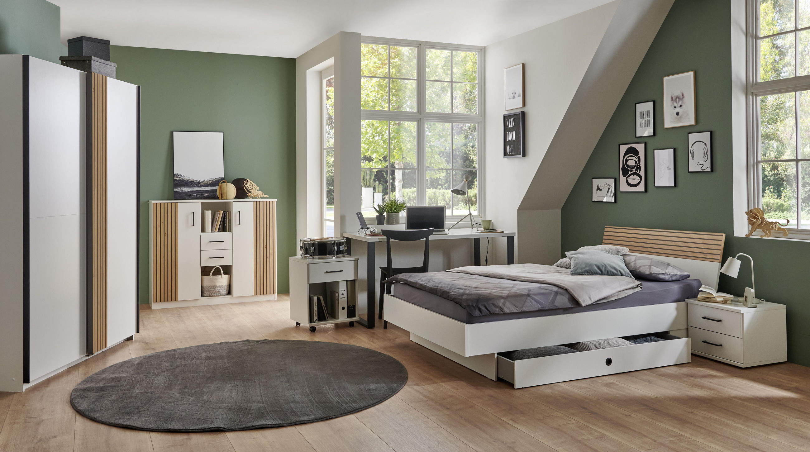 JUGENDZIMMER Rügen in Weiß und Artisan Eiche 7 teilig mit Schwebetürenschrank - Weiß, Holzwerkstoff (120/200/80cm)