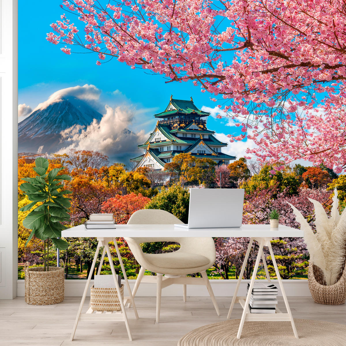 FOTOTAPETE für Wohnzimmer Kirschblüten Osaka Burg Japan Berge Bäume 200x140 - Gelb/Rosa, Papier (200/140cm) - Muralo