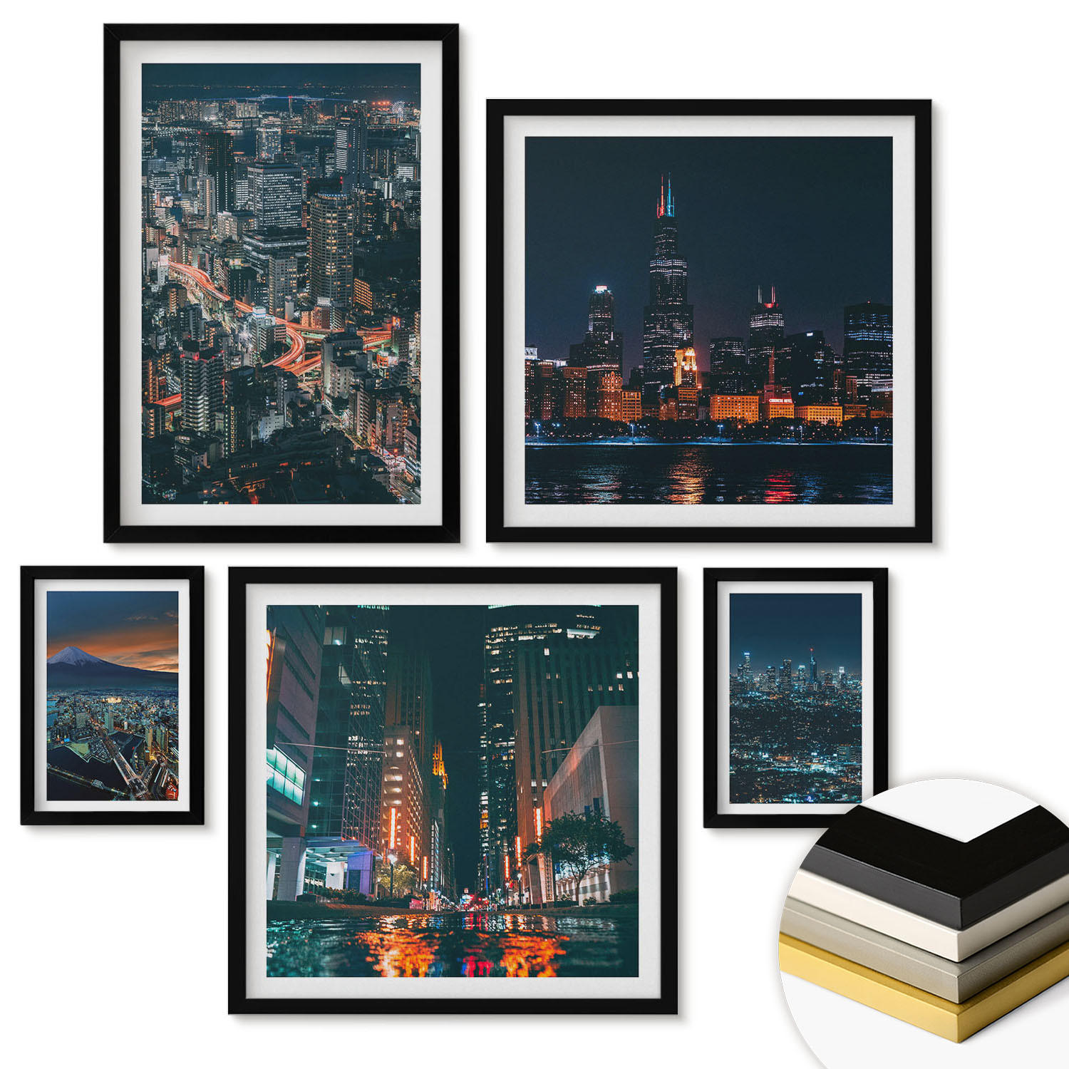 WANDBILDER 5er-Set - 50x50 cm & 20x30 cm & 40x60 cm Schwarzer Rahmen - Bergpanorama der Stadt bei Nacht - Schwarz, Kunststoff (40/60cm) - ArtPrintCave