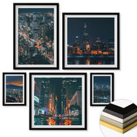 WANDBILDER 5er-Set - 50x50 cm & 20x30 cm & 40x60 cm Schwarzer Rahmen - Bergpanorama der Stadt bei Nacht - Schwarz, Kunststoff (40/60cm) - ArtPrintCave