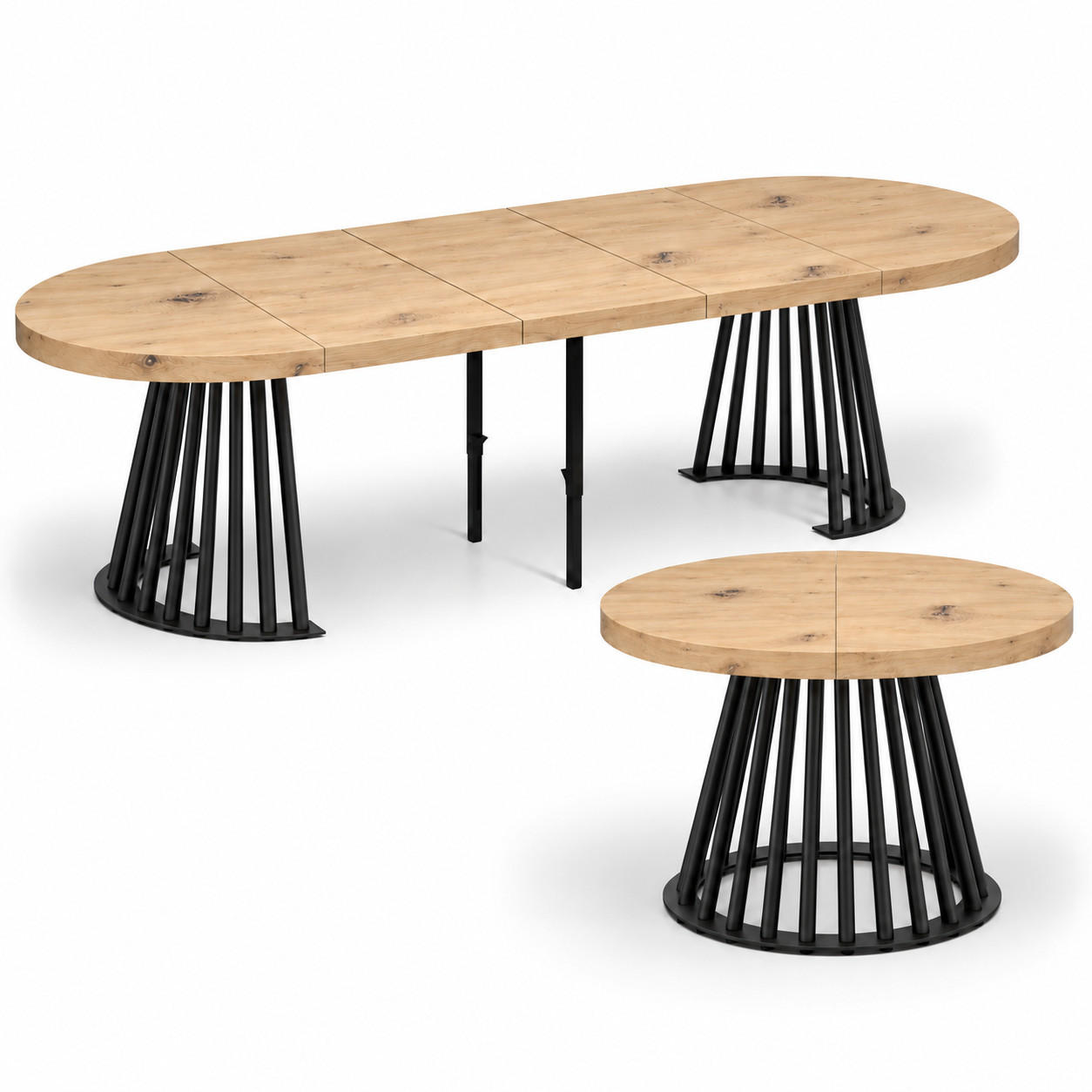 ESSTISCH rund ausziehbar 110/310/76 cm, Eiche Artisan, 54 cm Tischplatte + Lamellen-Metallgestell Schwarz - Schwarz/Eiche Artisan, Holzwerkstoff/Metall (110/310/76cm) - Damale Möbel