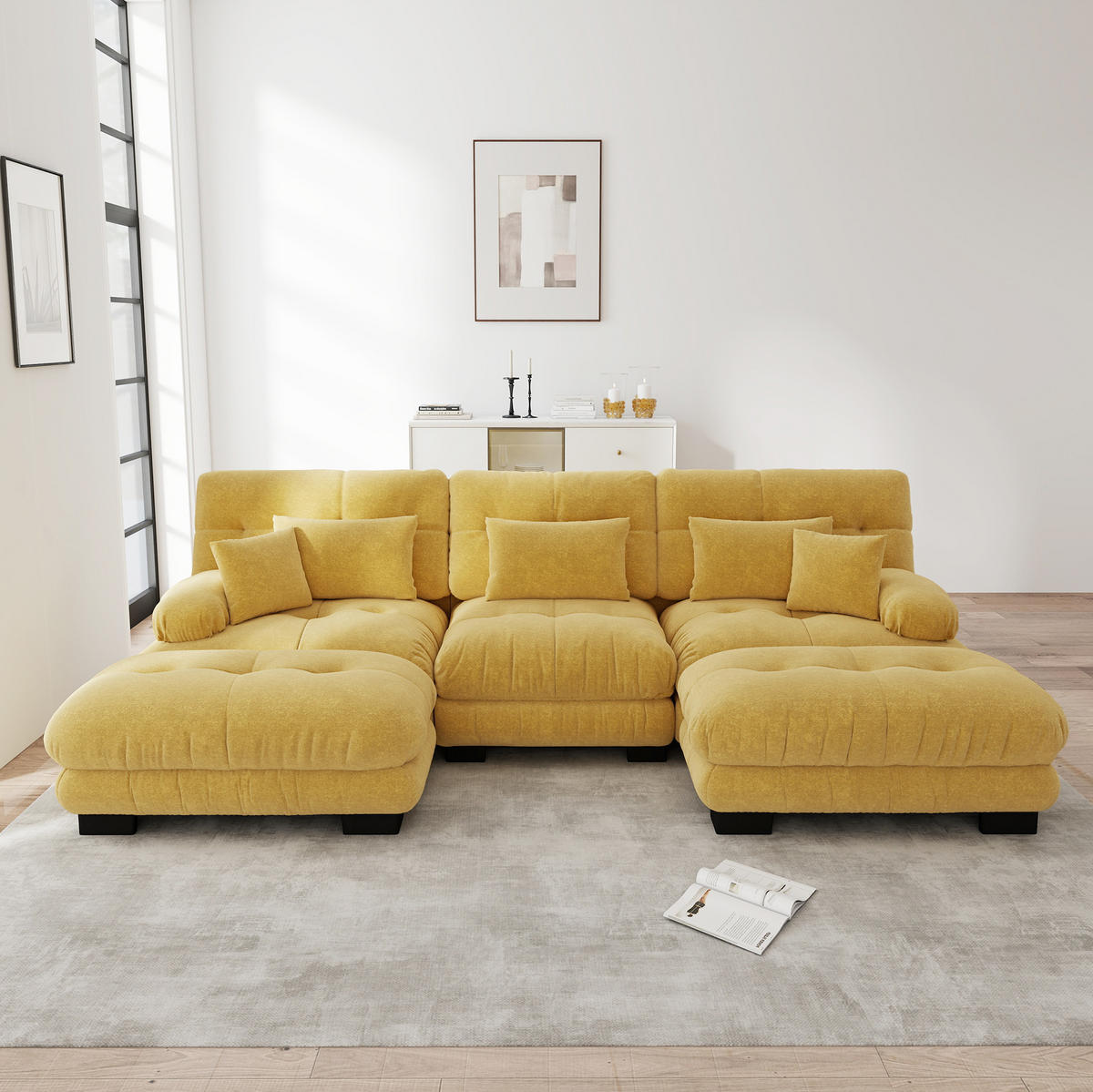 ECKSOFA 313/145/81 cm ggelb aus Chenille modular mit Ottomane und Tiefsitz - Gelb, Textil (145/313cm) - OKWISH