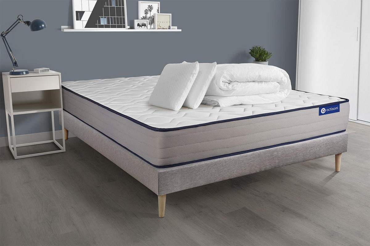 BETT Actiflex form Taschenfederkern und Memory-Schaum 200 x 200 cm h3 - Kit Bettgestell Grau - Mit Kissen und Bettdecke - Beige/Grau, Holz/Textil (200/200cm) - ACTISOM