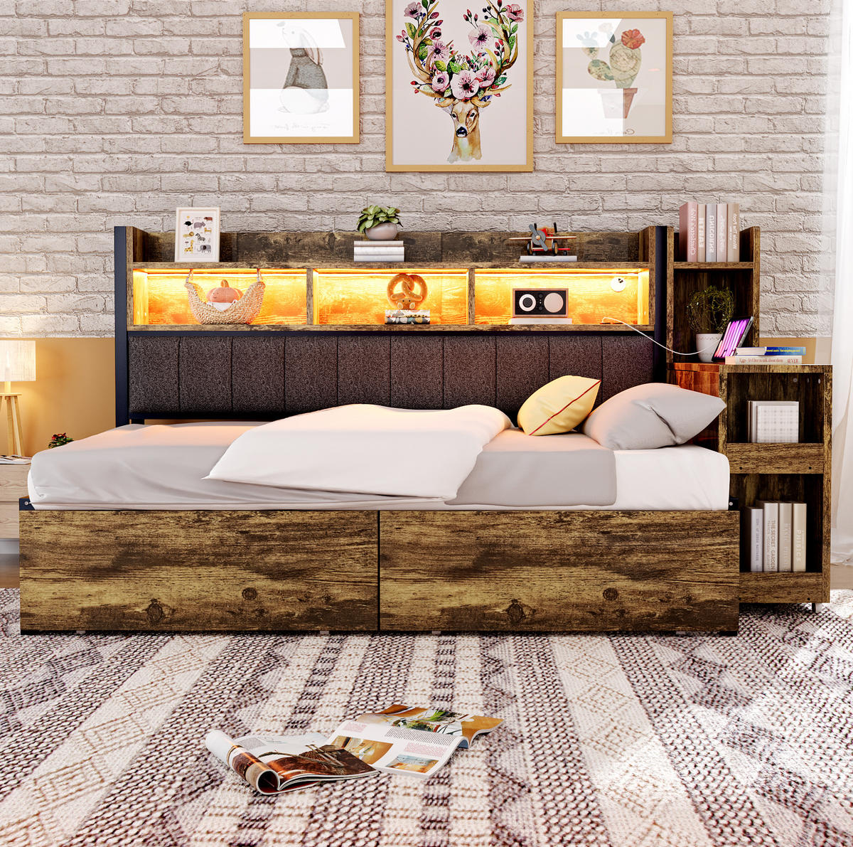 MULTIFUNKTIONSBETT aus Metall und Holz 90x200 cm Naturholzfarben mit Schreibtisch, Steckdosen, LED und Stauraum - Naturfarben, Metall (90/200cm) - Modfu