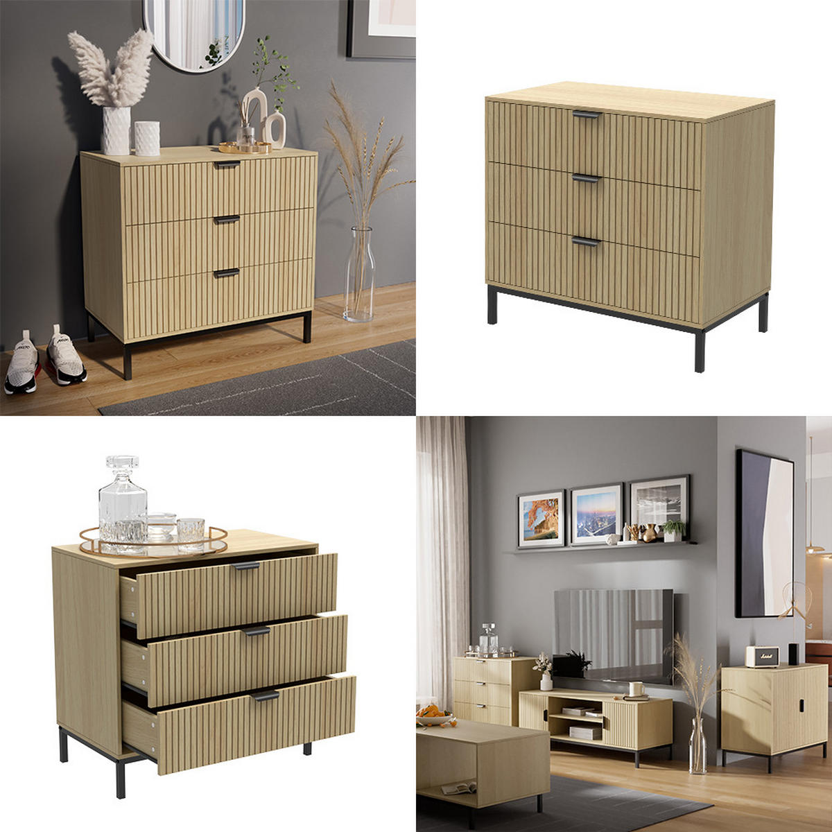 KOMMODE Lennox Eiche 72 x 69 cm mit 3 Schubladen - Eichefarben/Schwarz, Holzwerkstoff (72/69/40cm) - Vicco