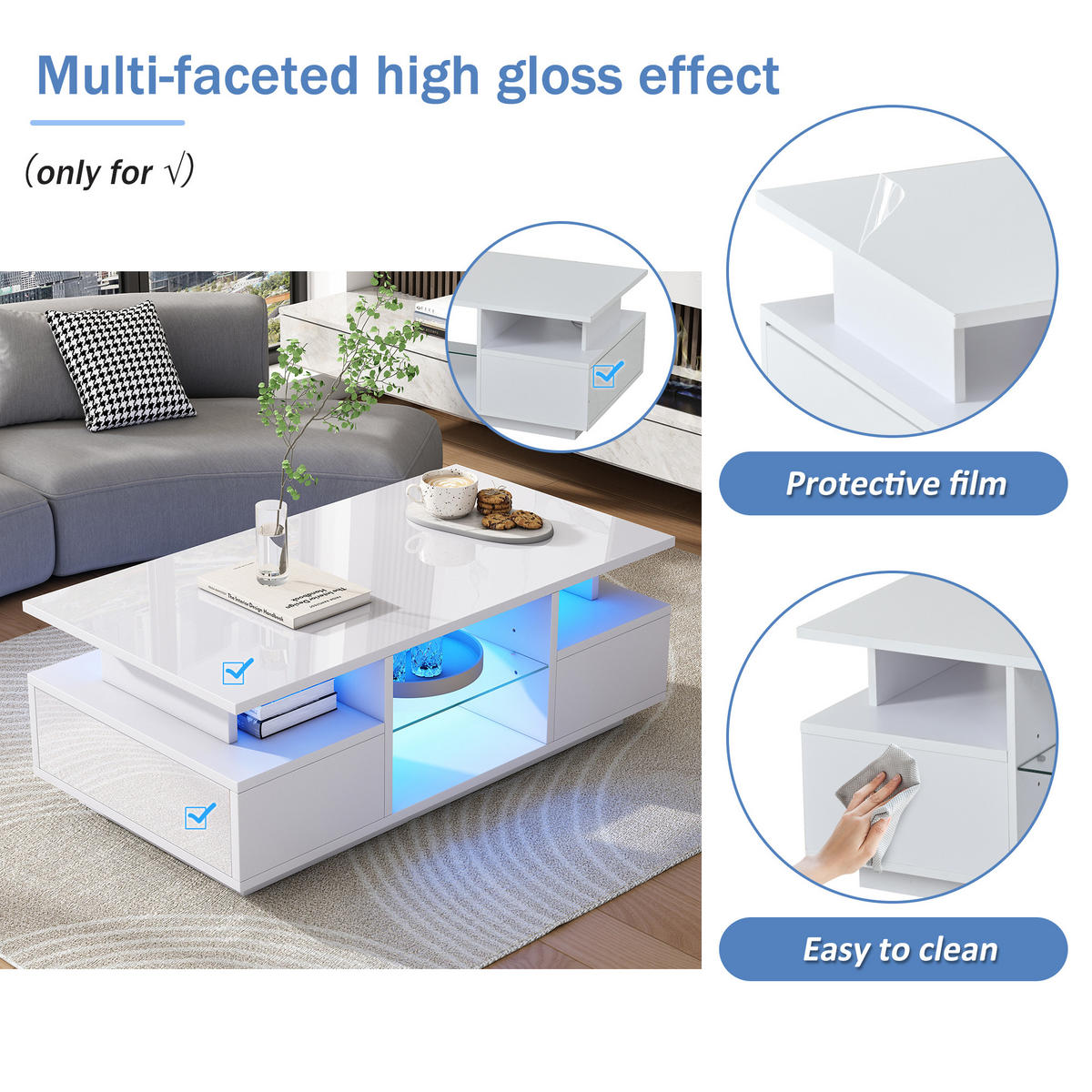 COUCHTISCH aus Spanplatte 100x50x36 cm in Weiß mit LED & 2 Schubladen - Weiß, Holzwerkstoff (100/50/36cm) - Modfu