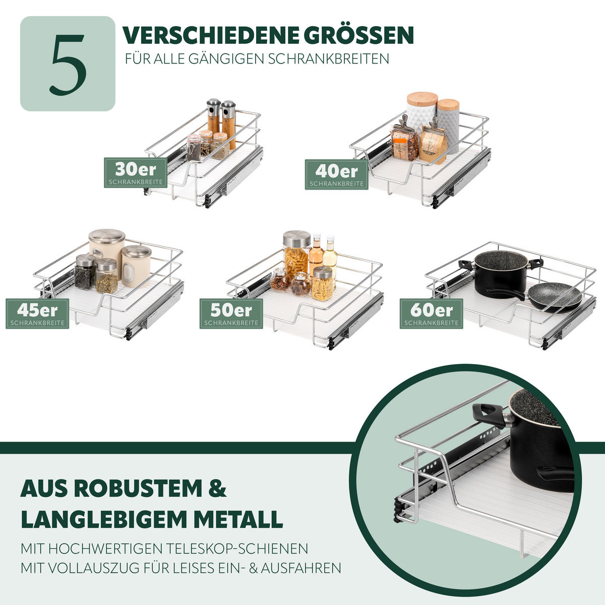 TELESKOPSCHUBLADE 30 cm, chrom, Metall - Chromfarben, Metall (27/14/44cm) - bremermann