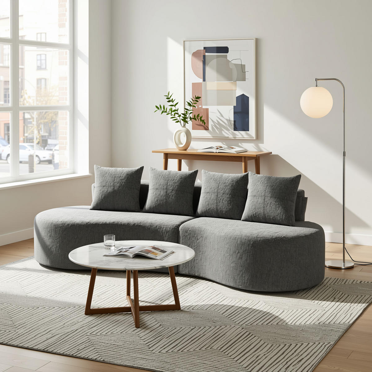 3-SITZER SOFA leinenstoff farbwahl mit getränkehalter & seitentaschen - Dunkelgrau, Textil (240/63/109cm) - Urban Meuble