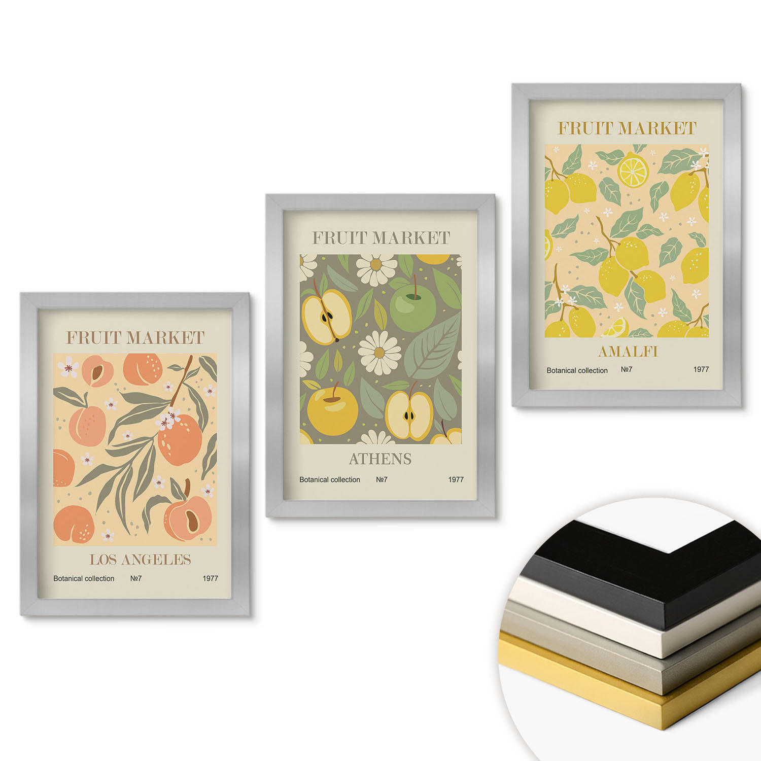 WANDBILDER 3er Set - 20x30 cm Silberner Rahmen - Retro-Poster mit Fruchtmustern - Silberfarben, Kunststoff (20/30cm) - ArtPrintCave