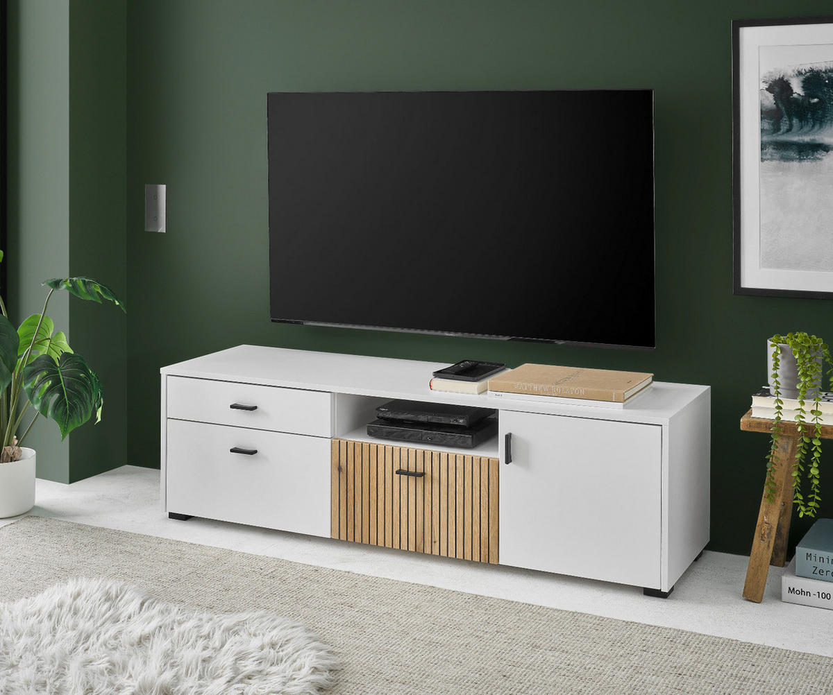 TV-LOWBOARD weiß matt, Eiche 150 x 44 cm, TV Unterteil mit viel Stauraum und Soft-Close - Eichefarben/Schwarz, Holzwerkstoff/Kunststoff (150/44/42cm) - Furn.Design