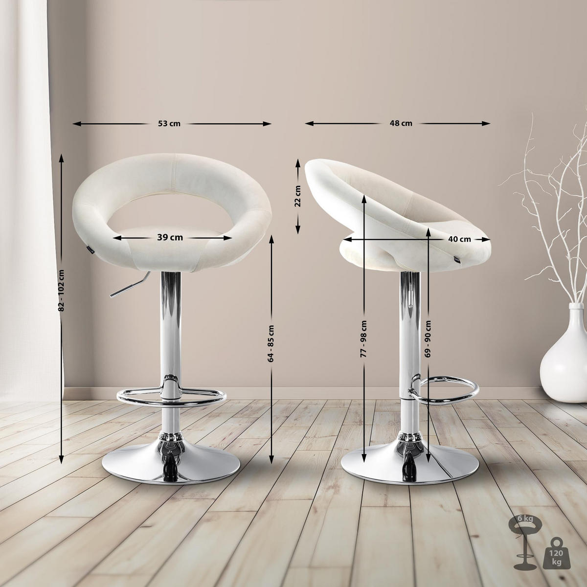 BARHOCKER Samt creme - Chromfarben/Creme, Textil/Metall (53/80/47cm) - CLP