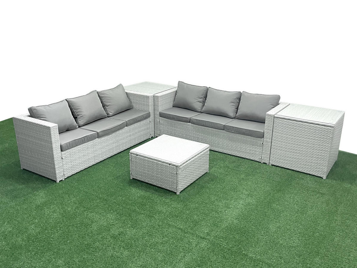 GARTENMÖBEL-SET mit Kissen Polyrattan Hellgrau-Mix 6-Sitzer - Hellgrau/Grau, Glas/Kunststoff - Fimous