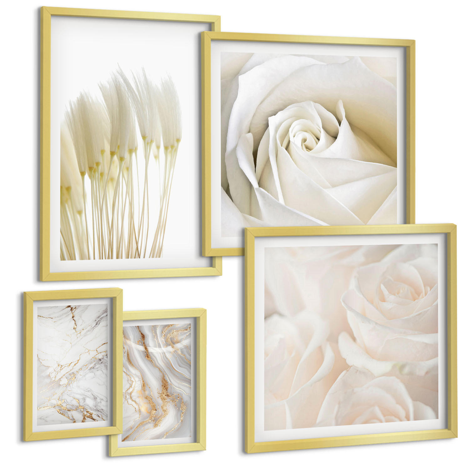 BILDER SET 5er Set - 50x50 cm & 20x30 cm & 40x60 cm Goldrahmen - Elegante Marmormuster - Goldfarben, Kunststoff (40/60cm) - TULUP