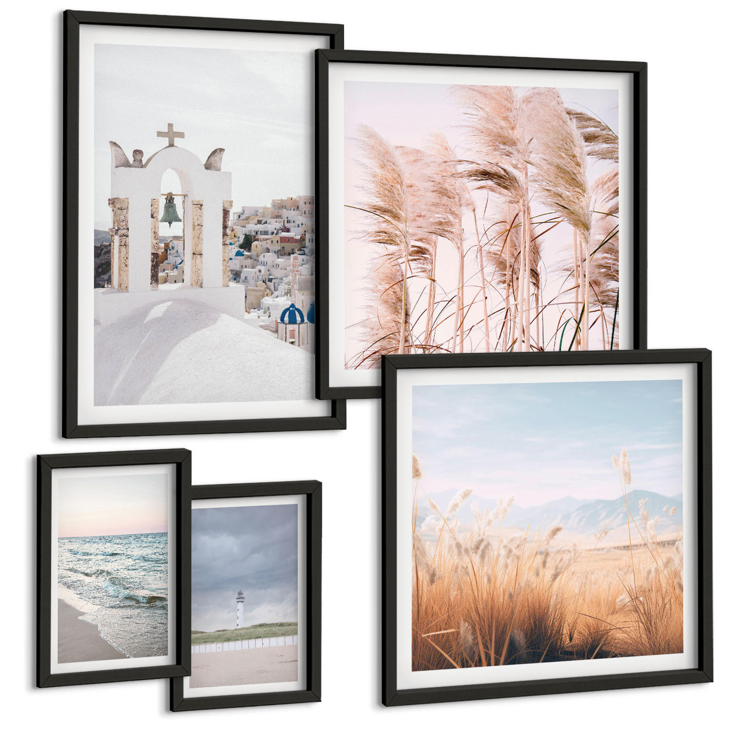 BILDER SET 5er Set - 50x50 cm & 20x30 cm & 40x60 cm Schwarzer Rahmen - Pflanzen, Meereswellen, Aussicht, Häuser - Schwarz, Kunststoff (40/60cm) - TULUP