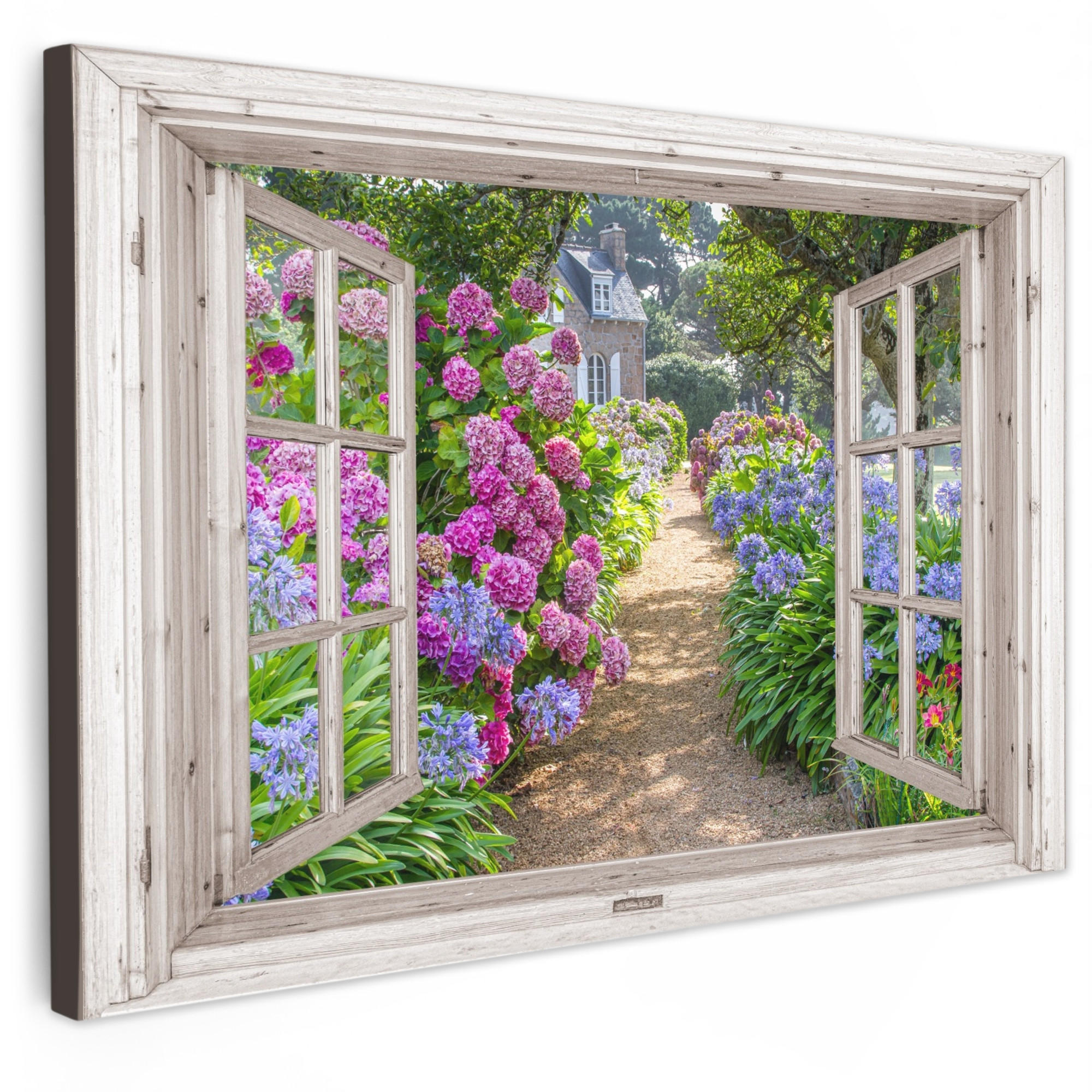 MuchoWow OBRAZ NA PLÁTNĚ Hortenzie - Průhledné - Květiny - Léto - Fialová - Cesta 90x60 cm