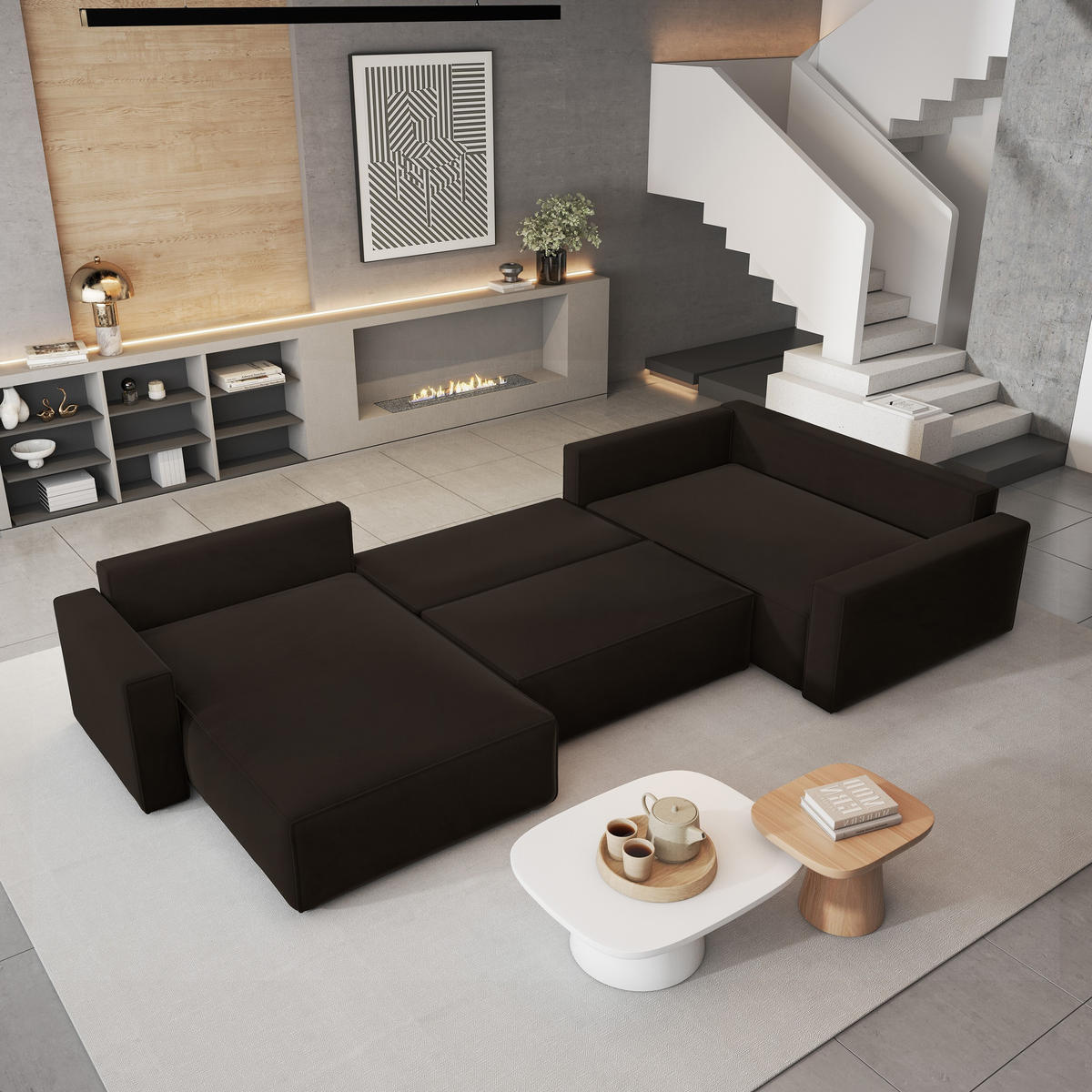 WOHNLANDSCHAFT VELAMI R-S Braun Velours-Stoff mit Schlaffunktion - Braun, Holz (365/83/194cm) - MASSENO