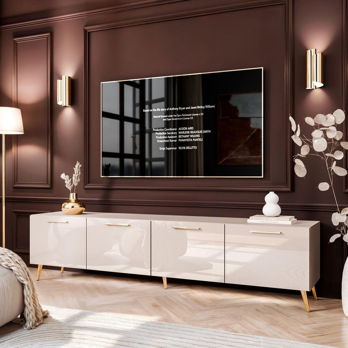 TV-ELEMENT AURA 200 KASCHMIR Hochglanz auf schrägen goldenen Beinen + LED - Kaschmir/Goldfarben, Holzwerkstoff (200/49/40cm) - Lookway