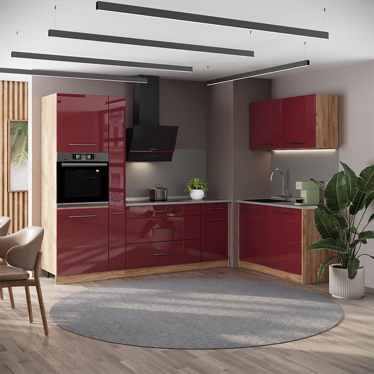KUCHYNĚ Fame-Line, Bordó červená vysoký lesk/Zlatý mocný dub, 220 x 120 cm, PD Antracit - bordeaux/medově dubová, kompozitní dřevo (220/206.8/60cm) - Vicco