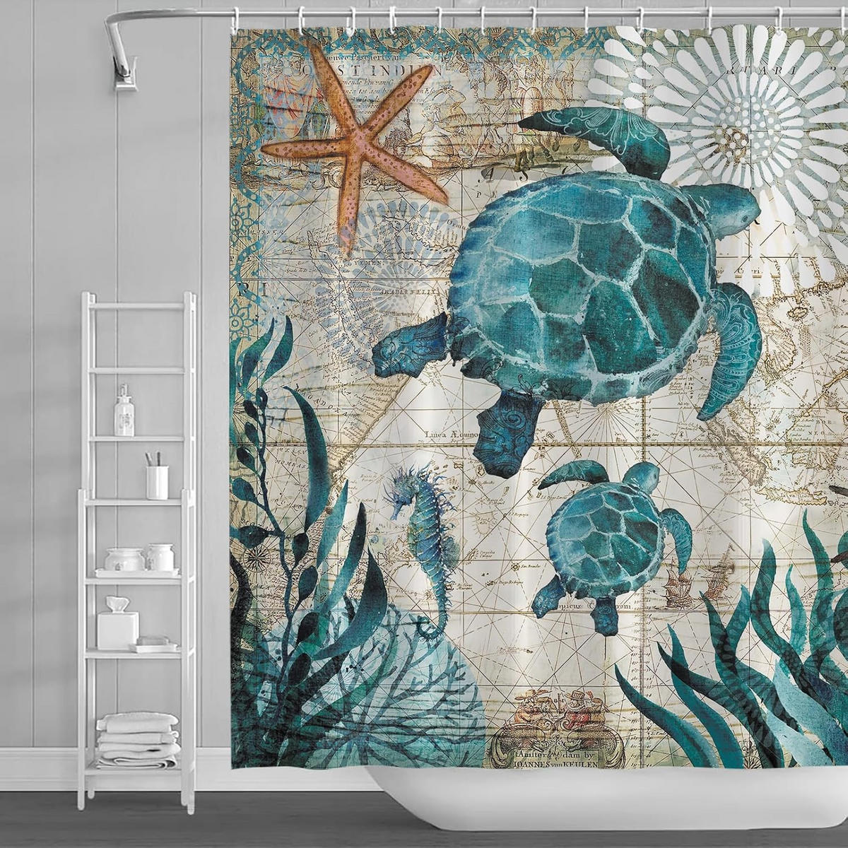 DUSCHVORHANG Marineblau Meer Schildkröte schön bedruckt wasserdicht mit Haken Badewanne Badezimmer - Multicolor, Textil (180/200cm) - MCBOSON