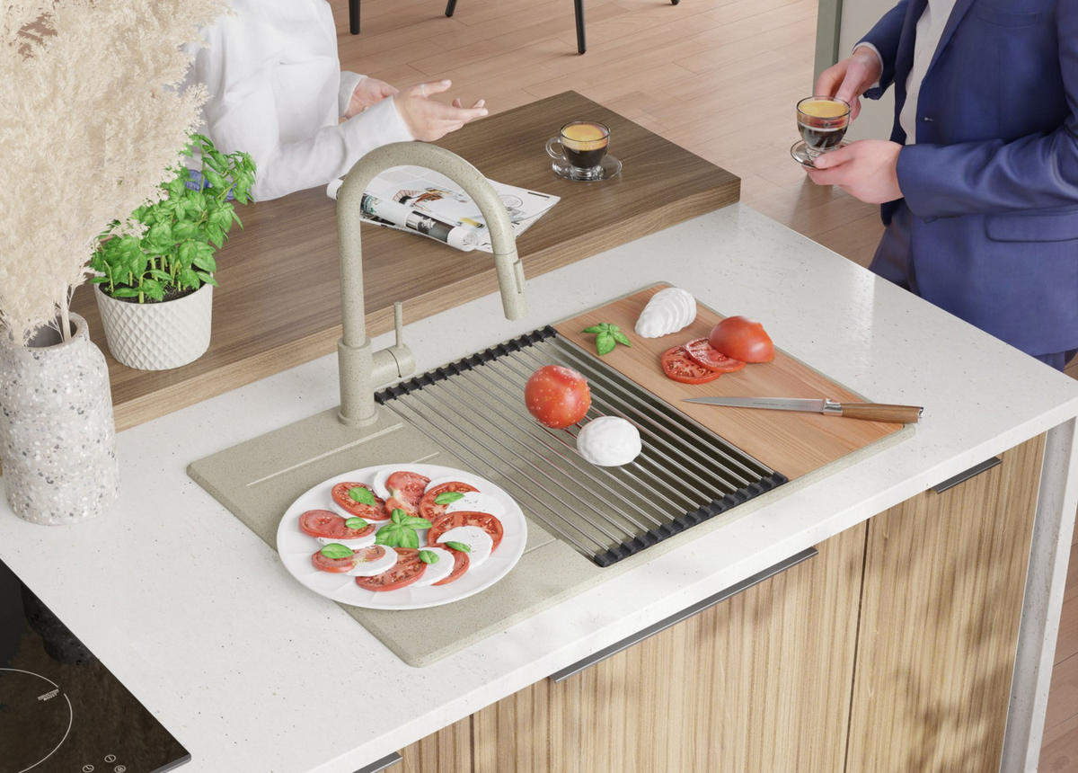 GRANITSPÜLE Kopenhagen, 2-er set Beige 78/50 cm 1 Becken + Küchenarmatur 40/20 cm + Ablauf-Set + Schneidebrett ab 60er Unterschrank - Beige, Kunststoff (78/20/50cm) - Primagran