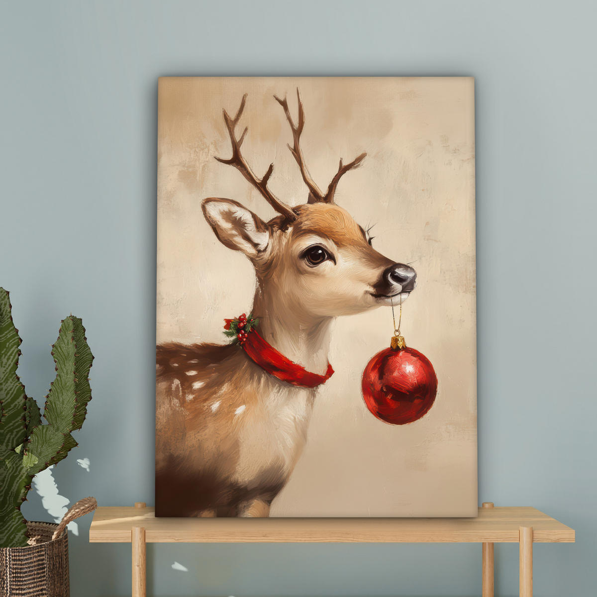 LEINWANDBILD Weihnachten - Hirsch - Geweih - Weihnachtskugel - Rentier Wandbild Wohnzimmer 60x80 cm - Hellbraun, Textil (60/80cm) - MuchoWow