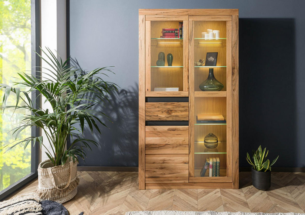 VITRINE Wild-/ Zerreiche 110x42x200 Eiche natur geölt MONTREUX #118 - Braun, Holz (110/200/42cm) - Massivmoebel24