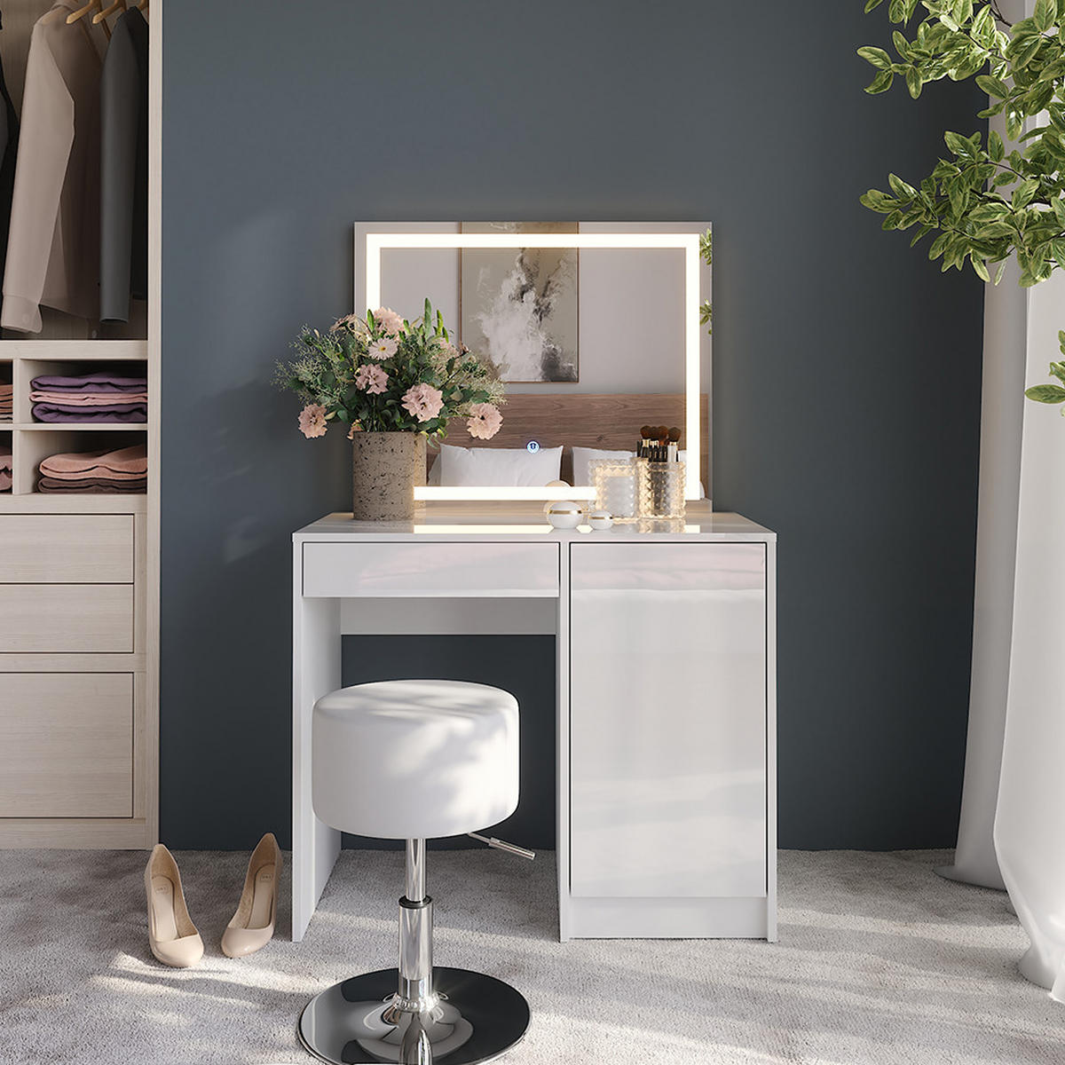 SCHMINKTISCH Sherry Weiß/Weiß Hochglanz 89.8 cm mit LED-Spiegel und Hocker - Weiß Hochglanz, Holzwerkstoff (89.8/76/50.1cm) - Vicco