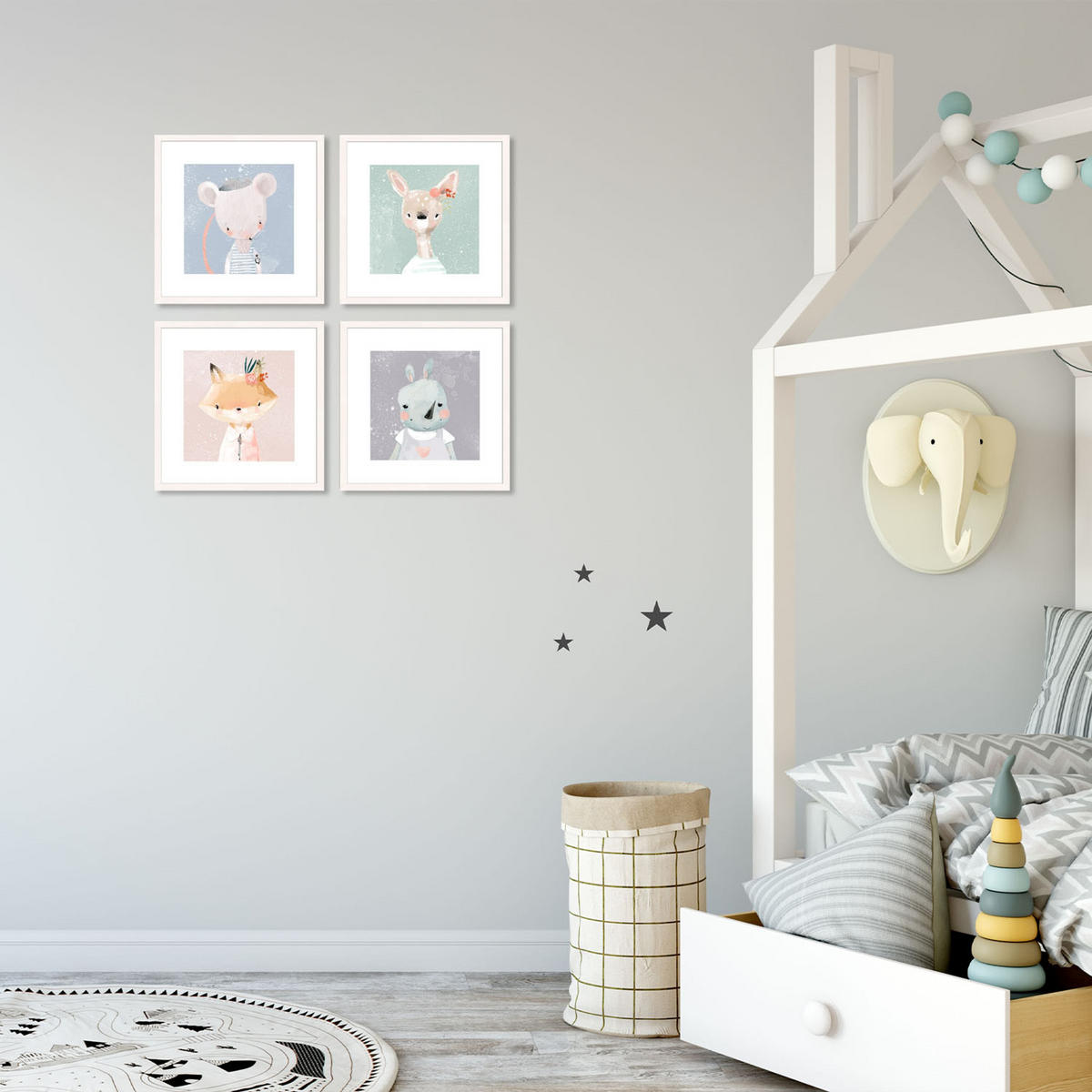 BILDER-SET mit Rahmen 4 x 30x30 cm Kinderzimmer Tiere pastell - Multicolor, Holz (30/30/2cm) - artissimo