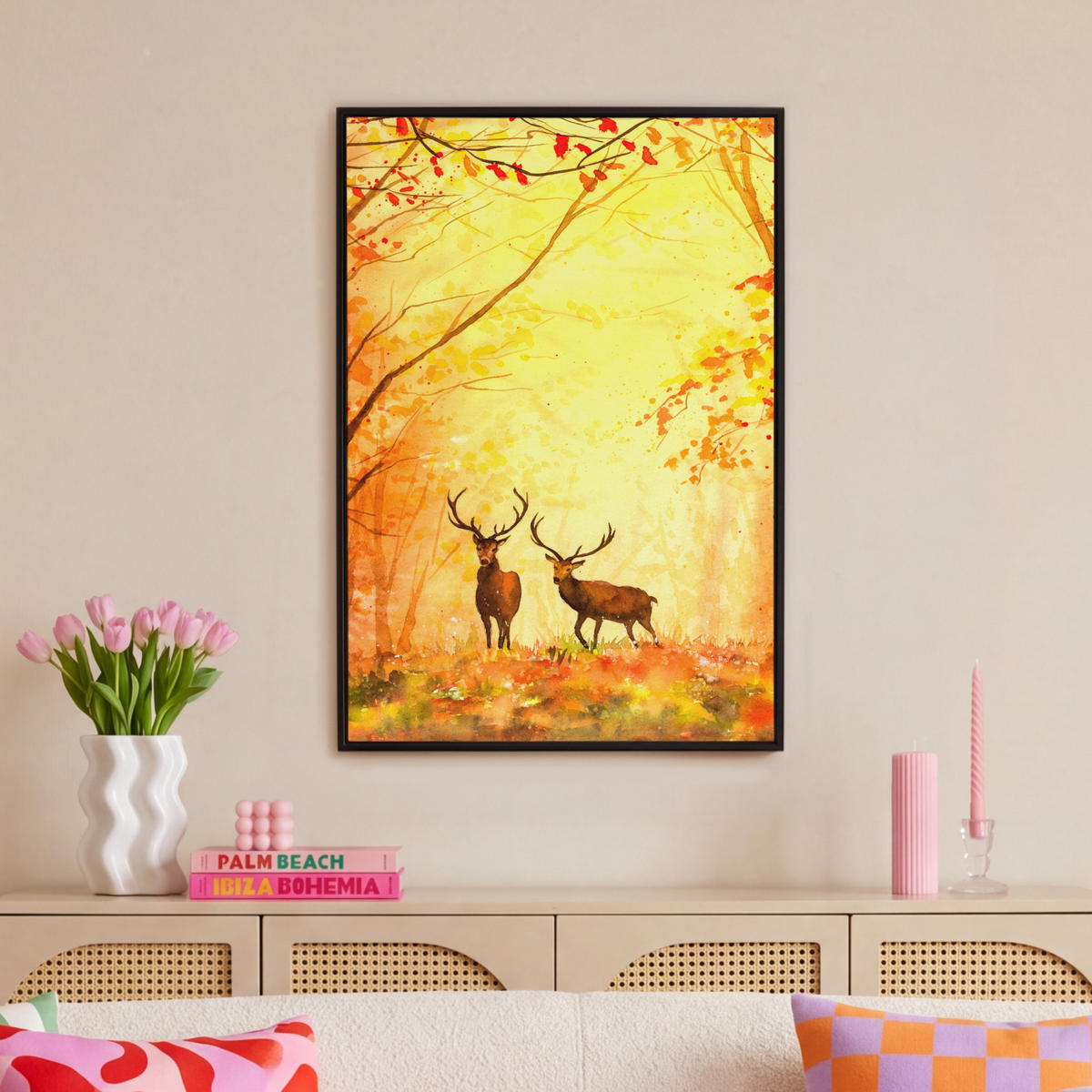 LEINWAND Bilder mit Rahmen - Natur - Ölfarbe - Hirsche - Tiere - Herbst - Orange - 60x90 - Orange, Textil (60/90cm) - MuchoWow